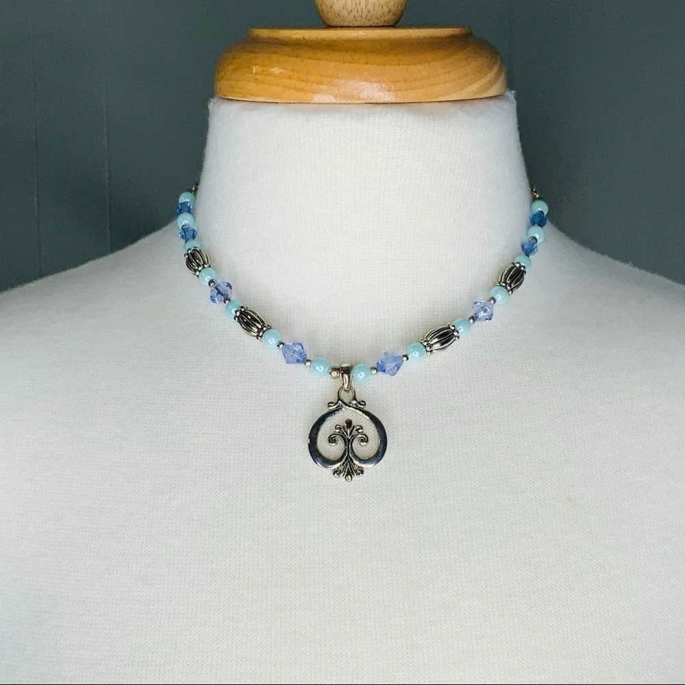 Blue Pearl, Lavender/Silver Bead Heart Necklace 16”-18” & 1” Earrings